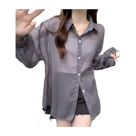 

Рубашка из шифона с перламутровым отворотом, женская, с длинным рукавом, однобортная, тонкая, с принтом солнца S серый