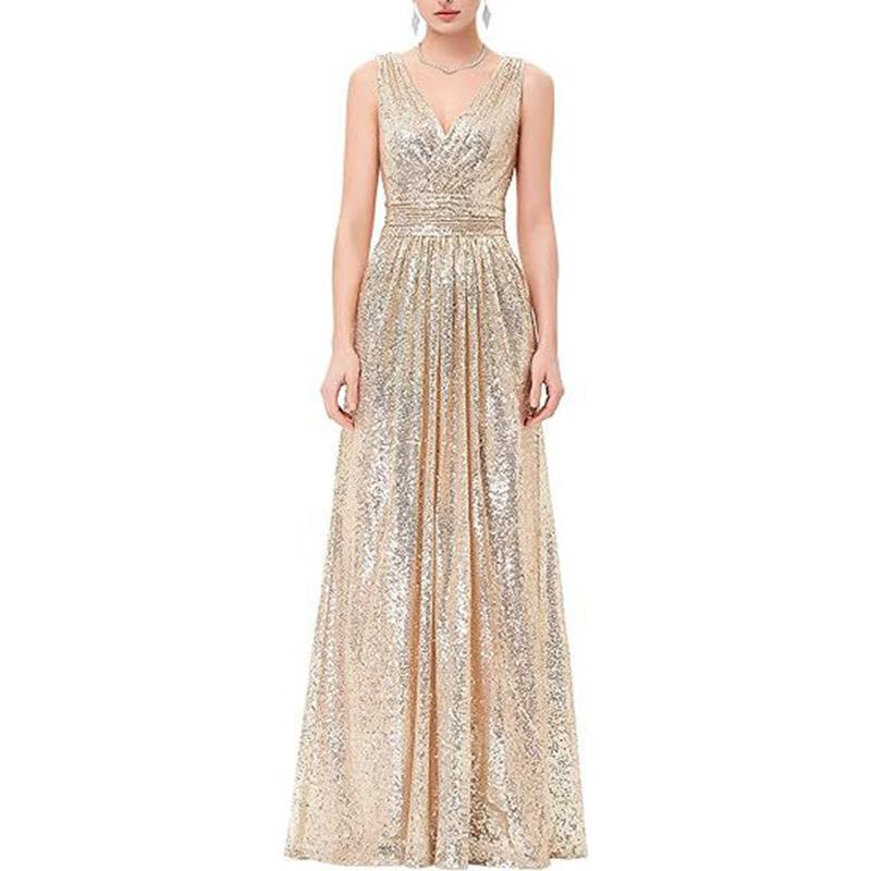 Women's Sequined Bridesmaid Dress Sleeveless Extra Long Evening Dress Prom Dress Gala Welcome Dress Women
