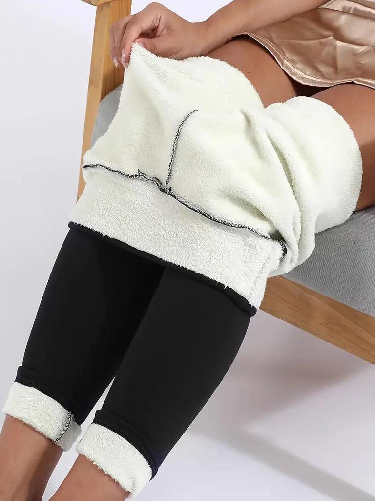 Plus Size Fleece-Lined High Waist Lamb Wool Leggings - Warm Elastic Women's Outerwear Pants