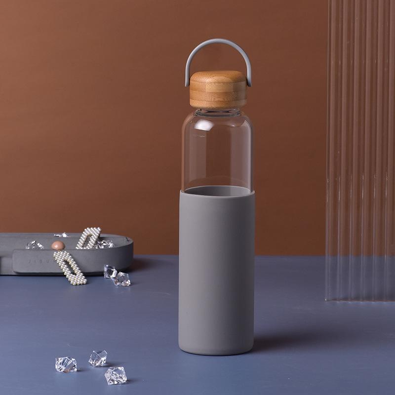 Single-Layer Glass Bottle Large-Capacity Bamboo Cover Retro Glass Thermal Insulation Portable Handle Outdoor Water Cup