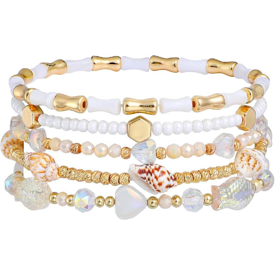 Dainty Gold Plated Pearl Crystal Beaded Bracelets Set for Women 14K Gold Plated Bead Pearl Beads Bracelet Stackable Paperclip Link Chain Bracelets