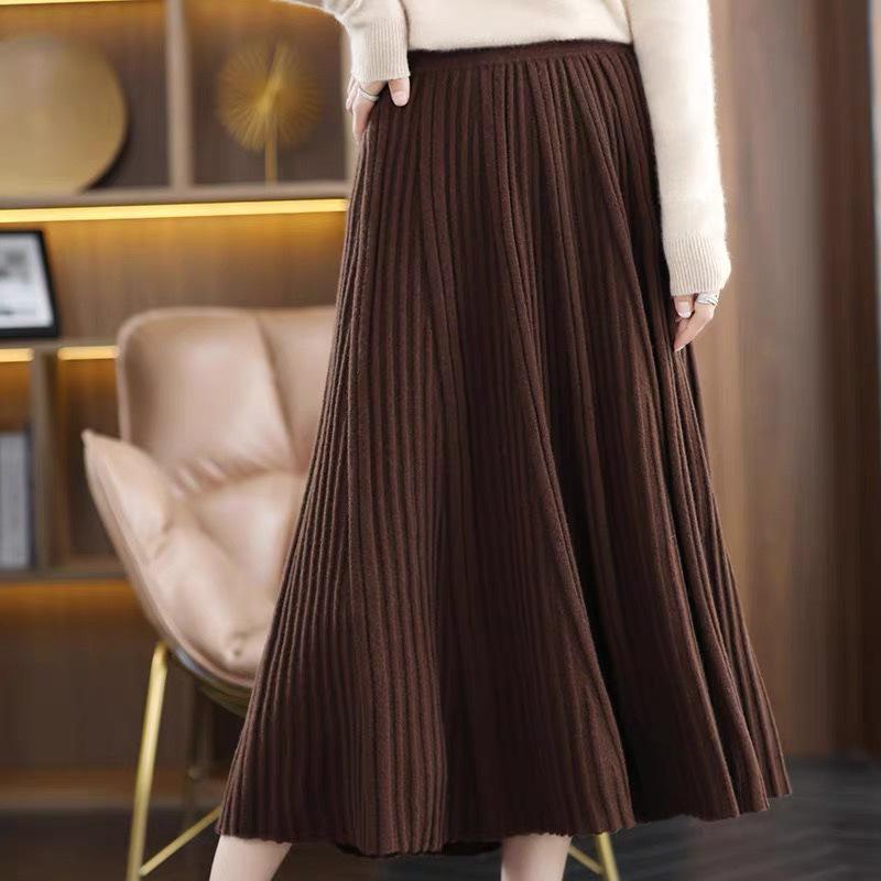 Женская шерстяная вязаная плиссированная юбка-миди с высокой талией - Коллекция Осень/Зима 2024 One Size кофейный