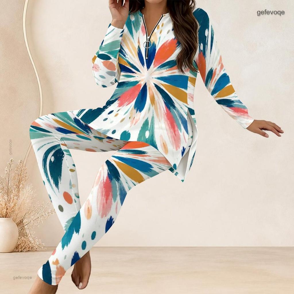 Women Plus Size Printed Half Zip Long Sleeve Longline Top Fitted Pants Two Piece Set
