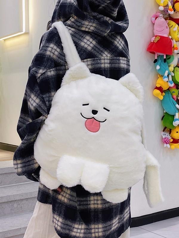 White Plush Dog Girl Backpack With Zipper Closure For Daily Use And Cute Style