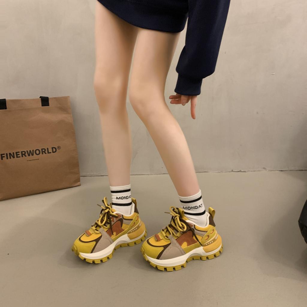 Fashion Women's Casual Shoes Medium Heel Thick-soled Two-color Shoelaces Lace-up Anti-Slip Sole Sports Leisure Trend Zapatillas De Mujer