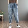 Women's Retro Distressed Embroidered Denim Harem Pants - Loose Fit, Elastic Waist, Plus Size, Cropped for Spring/Autumn 2025