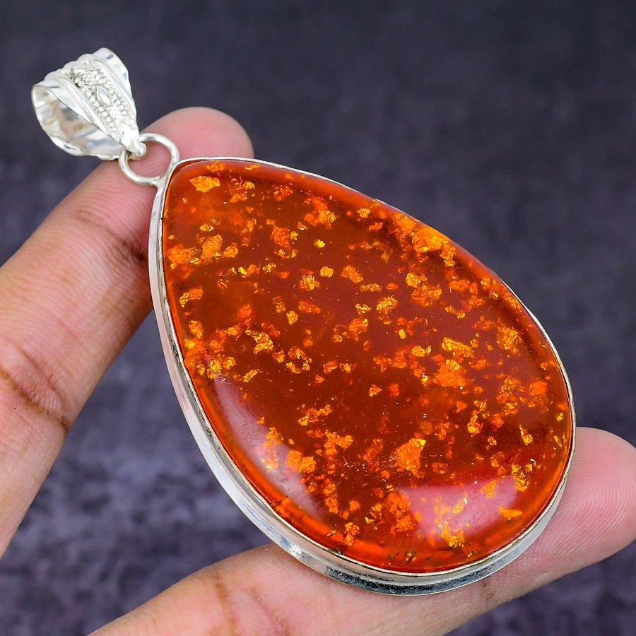 Natural Baltic Amber Gemstone 925 Sterling Silver Jewelry Pendant 3.15" ETC-14748