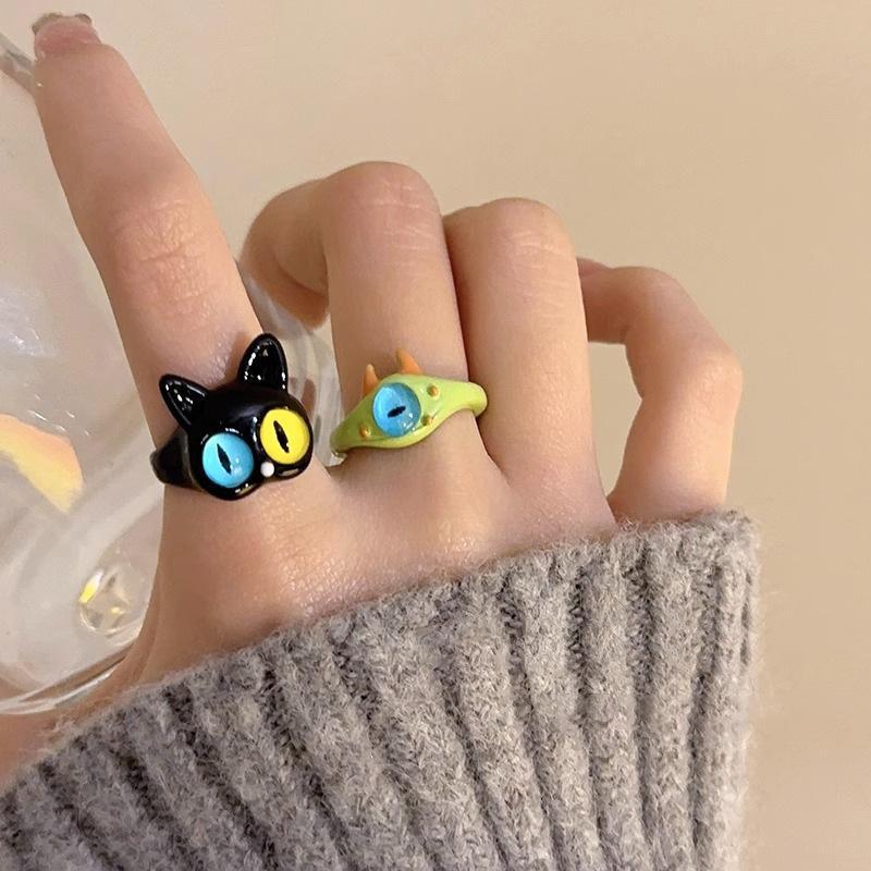 Ins Cute Green Monster Rings Women Fashion Sweet Two Color Cat Eyes Open Couple Ring Wedding Finger Accessories Jewelry Gift