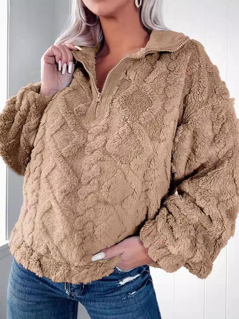Autumn Winter Casual Loose Plush Pullover Shirt with Lapel and Long Sleeves