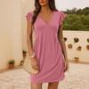 Women V Neck Flutter Sleeve Pleated Solid Color Flowy Long Dress