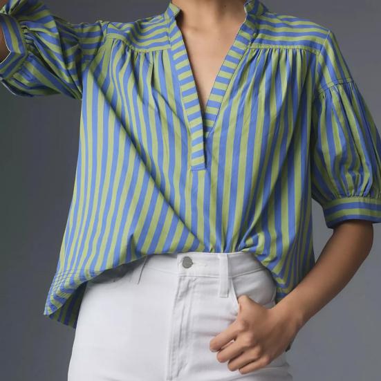 

Женская рубашка с V-образным вырезом и коротким рукавом-фонариком, свободная рубашка с полосатым принтом, летний наряд на каждый день S фиолетовый