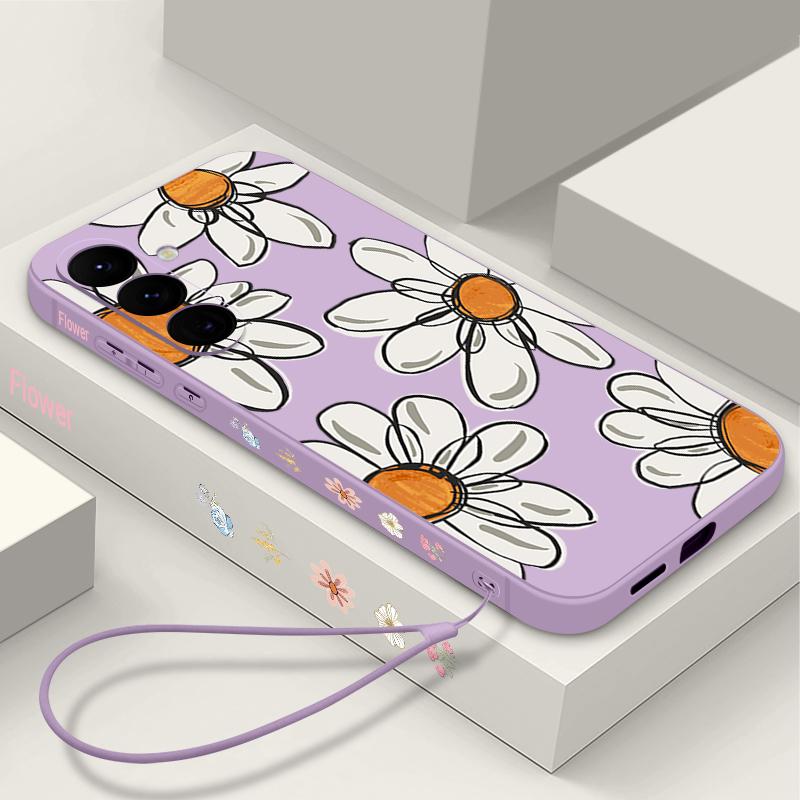 Cartoon Sunflower Lanyard Case For Samsung Galaxy S25 S24 Ultra S23 S22 Plus S21 S20 FE A34 A54 A15 A35 A55 A16 A36 A56 5G Capa