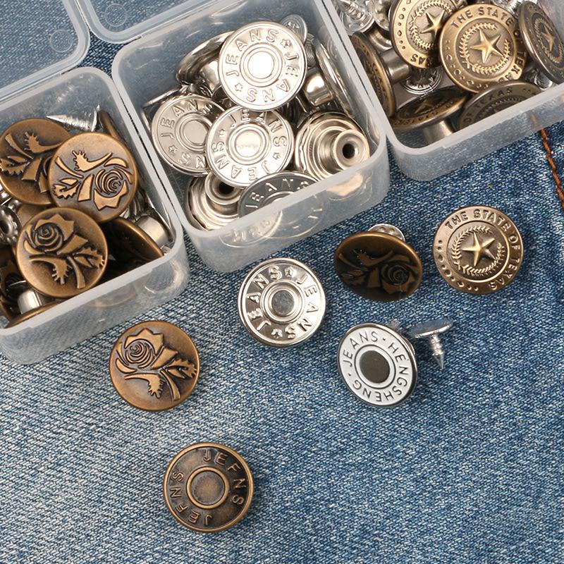 Metal Tack Buttons for Denim Jackets, Overalls, and Clothing - Men's, Women's, and Children's Apparel.