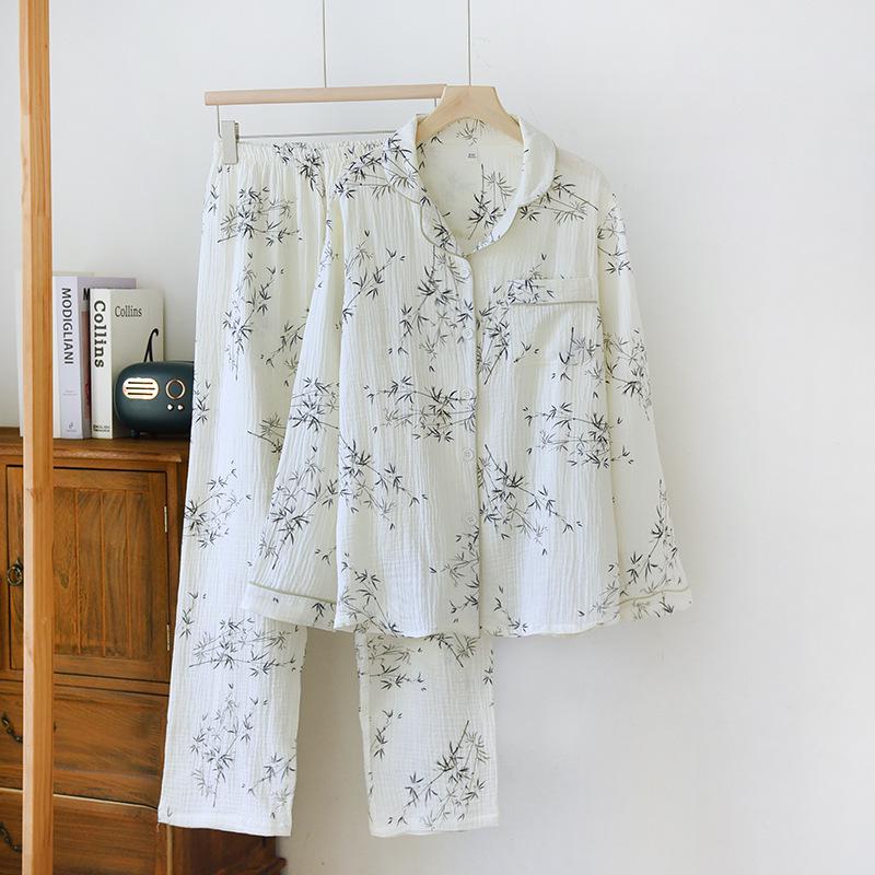 Couple's Pure Cotton Pajamas Set: Men's Long Sleeve & Pants, Women's Lapel Home Wear (Spring/Summer).