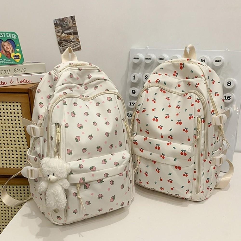 Multi-compartment Bow Pattern School Bag Multi-pocket Rucksack Floral Print Backpack Travel