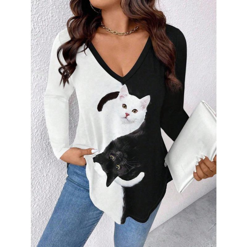V-neck Cat Gradient Print New Style Daily Casual Long-Sleeved T-Shirt