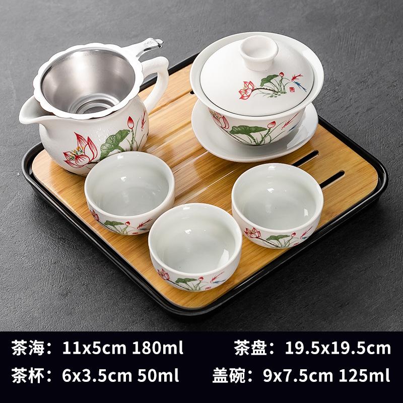 Household Kung Fu Tea Set, 1 Cover Bowl, 3 Cups with Dry Tray, Tea Making and Reception Ceramic Cup Set