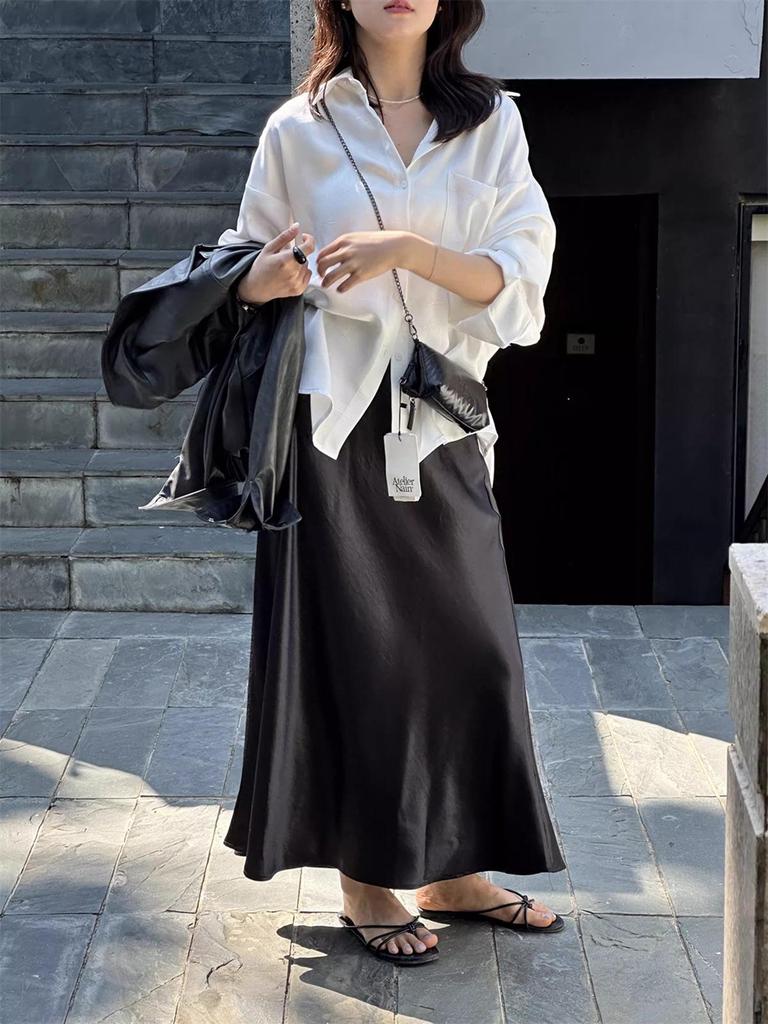Eleganter Satin-Midirock im französischen Stil - Hoher Bund, Minimalistisches A-Linien-Schirmdesign für Damen
