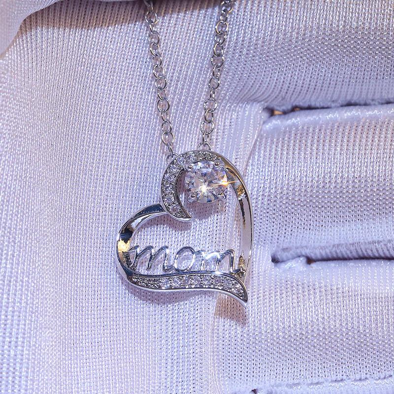 Silver Hollow Heart MOM Letter Pendant Necklace Round Big CZ Crystal Mom Gift Necklace for Mother's Day Women Jewelry