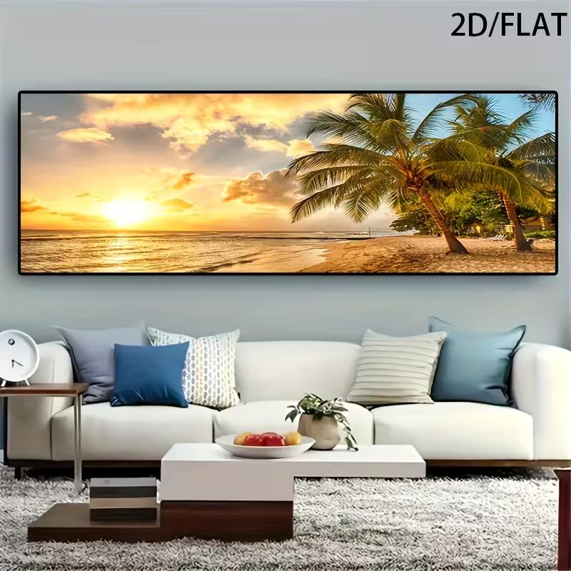 Modern Coastal Palm Tree Sunset Ocean Oil Painting - Frameless Canvas Wall Art, Horizontal Beach Scene with Tropical Sunset & Palm Trees 20x60cm