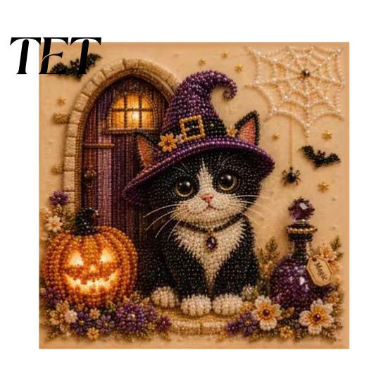 Family Fun Handcrafts Halloween Cat Faux Pearl Painting Art Kit, Spooky 3D Beads Creative Gift Crafts, Cute Witch Gem Wall for Adults, Craft