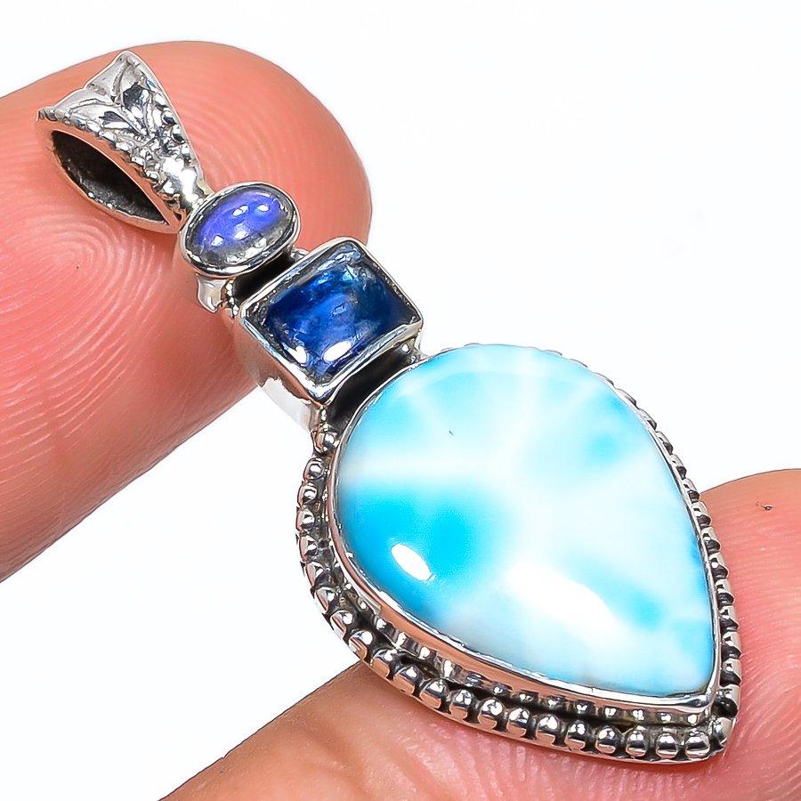 Natural Republic Larimar, Moonstone 925 Solid Sterling Silver Pendant 1.54" T8F51