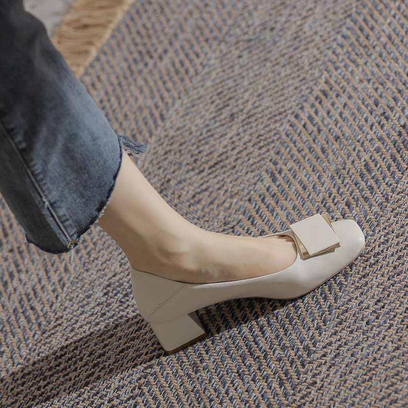 Leather thick heel single shoes women's new versatile temperament medium heel shallow mouth mother shoes French professional high heels