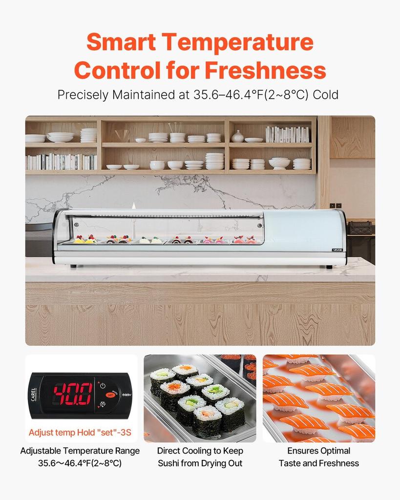 Sushi Display Case Refrigerator, 62L Commercial Sushi Case, 6-Pan Countertop Showcase with Curved Glass, LED Lighting, and Digital Temperature