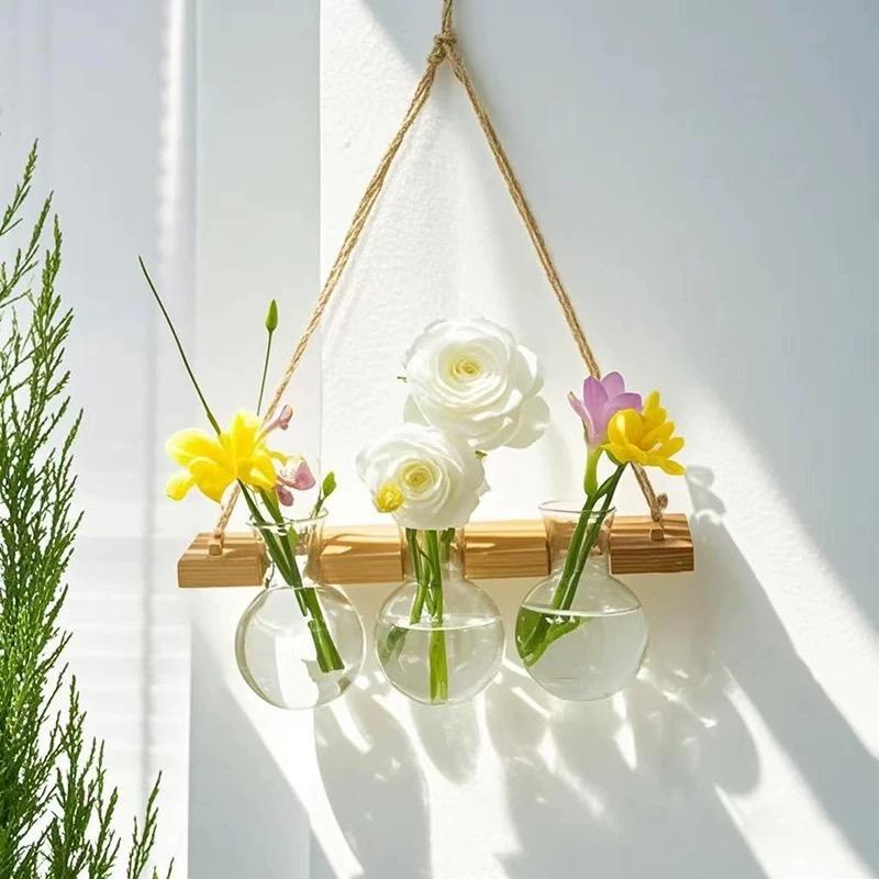 Ins Hydroponic Test Tube Vase Series Wall Mounted Wooden Frame Hydroponics Decorative Container Home Decoration Party Gift Vase