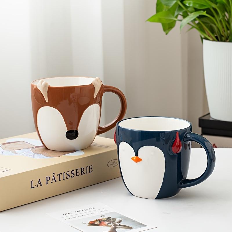 Handcrafted Animal Print Mugs: 15Oz/450Ml Ceramic Fox And Penguin Mugs, Microwave And Dishwasher Safe, Perfect for Coffee, Tea, And More