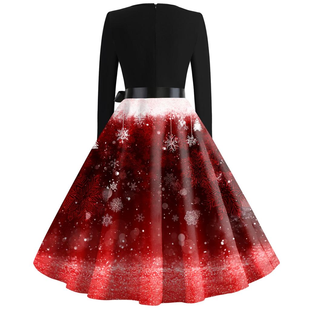 Women's Casual Fashion Christmas Print V-Neck Vintage Dress for Holiday Gatherings