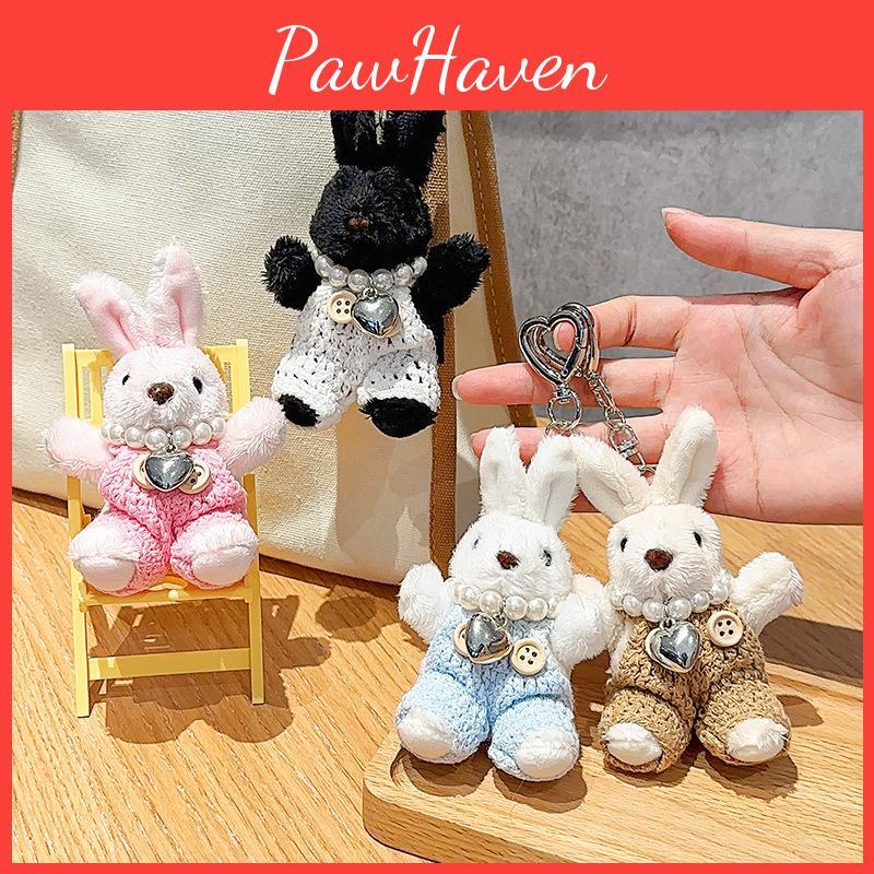 Plush Bunny Unique Keychain With Dazzling Pearl Chain Available In Soft Color Options