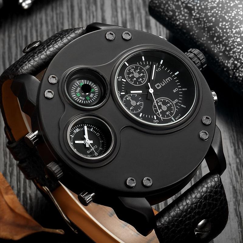 Oulm Quartz Watch Compass Men'S Watch, Watch Dual Time Zone Men'S Watch Large Dial