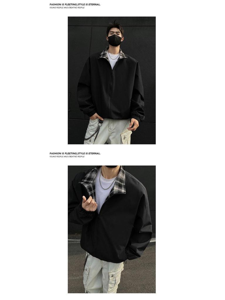 Men's Fall/Winter Plaid Patchwork Stand Collar Jacket - Trendy American High Street Style, Cool & Loose Lapel Coat