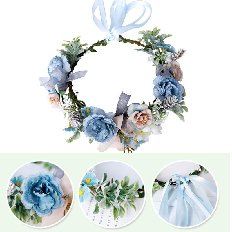 Blue Flower Hair Wreath Headband Crown Garland with Adjustable Ribbon Festivals Wedding Party Headpiece for Women Girl