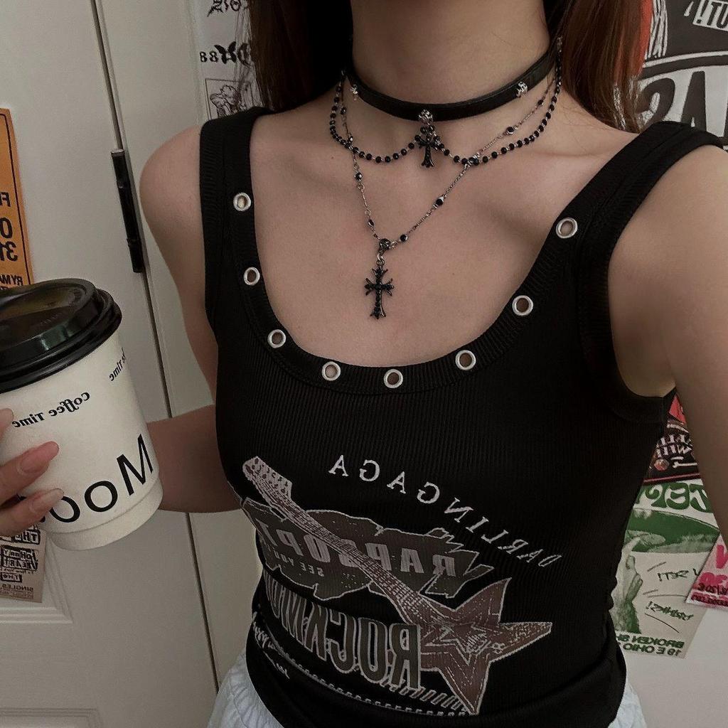 Y2K Spicy Girl Dark Star Leather Choker Necklace - Pure Desire Clavicle Chain