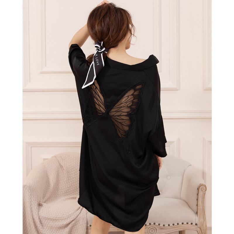 Ladies Boyfriend Style Shirt Breathable Nightgown Button Solid Back Butterfly Mesh See Through Sexy Nightgown Summer Loose Lightweight Nightwear