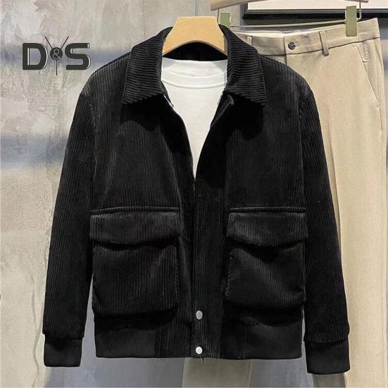 Men Corduroy Jacket Lapel Long Sleeve Flap Pockets Full Zipper Closure Solid Color Jacket Casual Outerwear