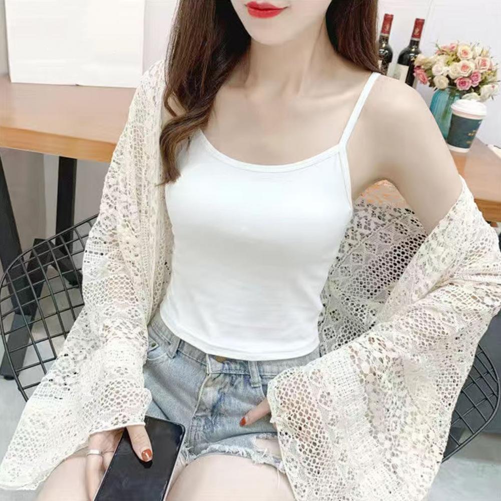 Women Summer Thin Vest U-Neck Sleeveless Slim Fit Tank Tops Single Color Lace Trimmed Camisole Streetwear