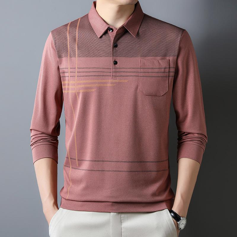 Autumn Men's Long-sleeved Thin Tops Bottoming Shirts for Young and Middle-aged Men with Lapels and Real Pockets Casual Dad T-shirts for Men