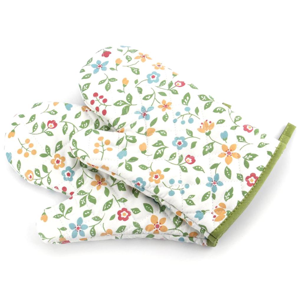 1 Pair Oven Gloves Non Slip Flower Grass Pattern Heat Resistant Microwave Mitts for Cooking Kitchen