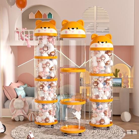 Stuffed Animal Storage Tube Stuffed Doll Organizer with Wheels Transparent Plush Toy Bucket with Lid