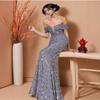 Women's Sequins Temperament Commuter Solid Color Mid-waist Line Collar Temperament Solid Color Banquet Dress Evening Gown