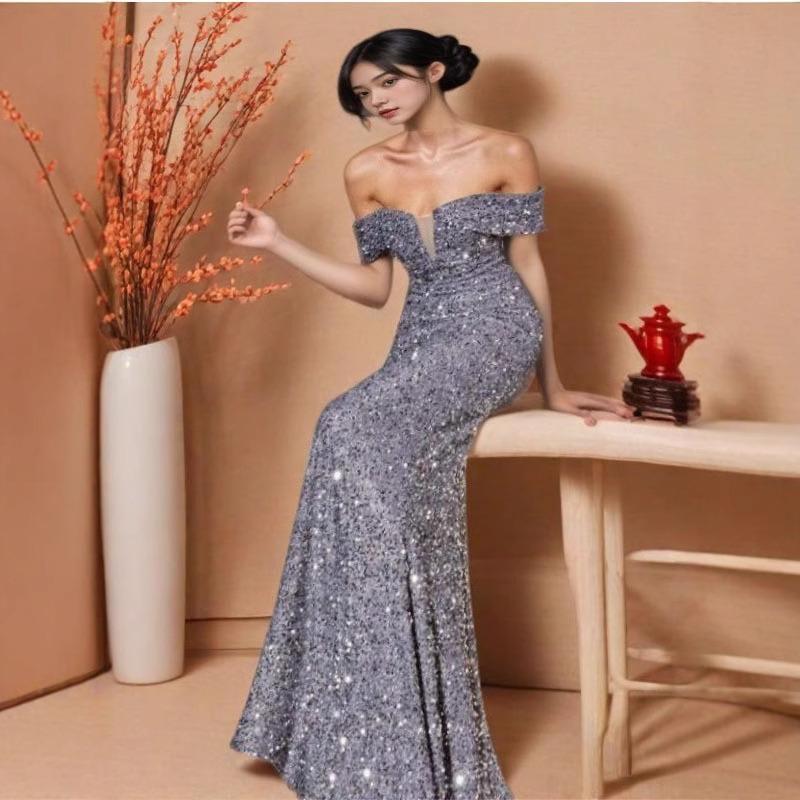 Women's Sequins Temperament Commuter Solid Color Mid-waist Line Collar Temperament Solid Color Banquet Dress Evening Gown