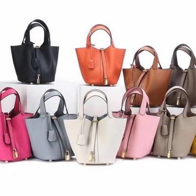 Geantă tip găleată din piele cu model lychee, stratul întâi, de marcă, la modă, nasture auriu, piele de vită, coș de legume, pentru femei