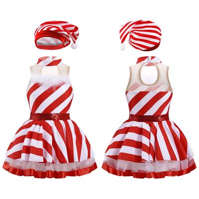Girls Christmas Dress Set Striped Plush Ball Hat Sleeveless Mock Neck Keyhole Back Patchwork Printed Party Outfit