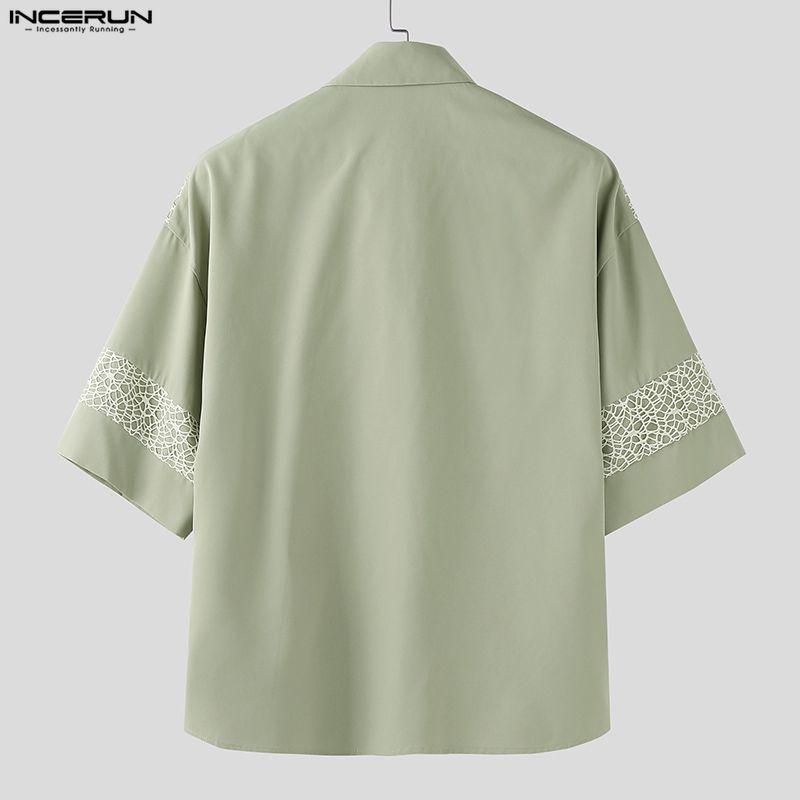 INCERUN Oversized Men Lapel Neck Short Sleeve Crochet Casual Loose Shirts