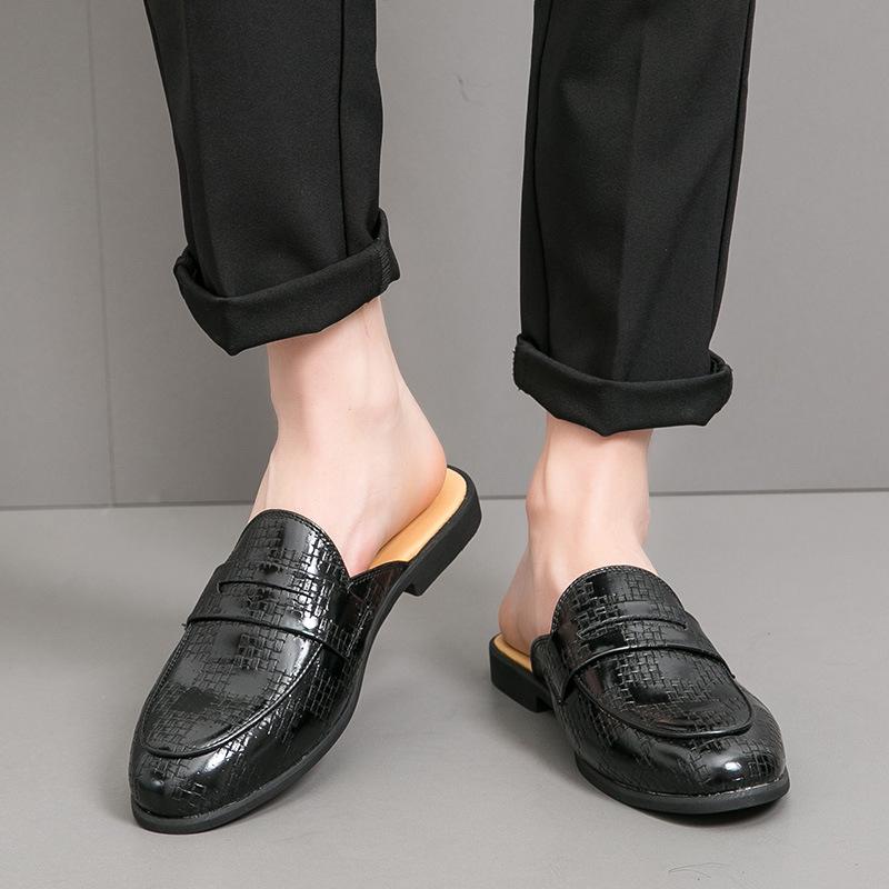 Men s Cross-Strap Half-Open Back Leather Slip-Ons: No-Heel Pointed Toe Sandals in British Style 44 чёрный