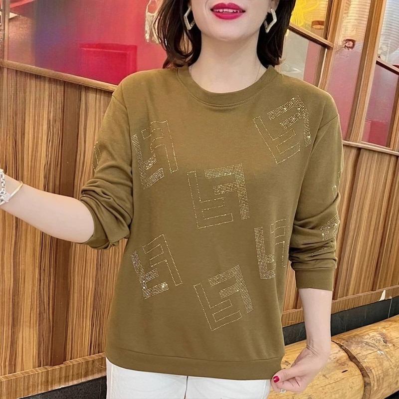 Spring and Autumn New Mom Dress Crew Neck Printed Bottom Shirt Long Sleeve Sweater Women's T-Shirt Women's Top