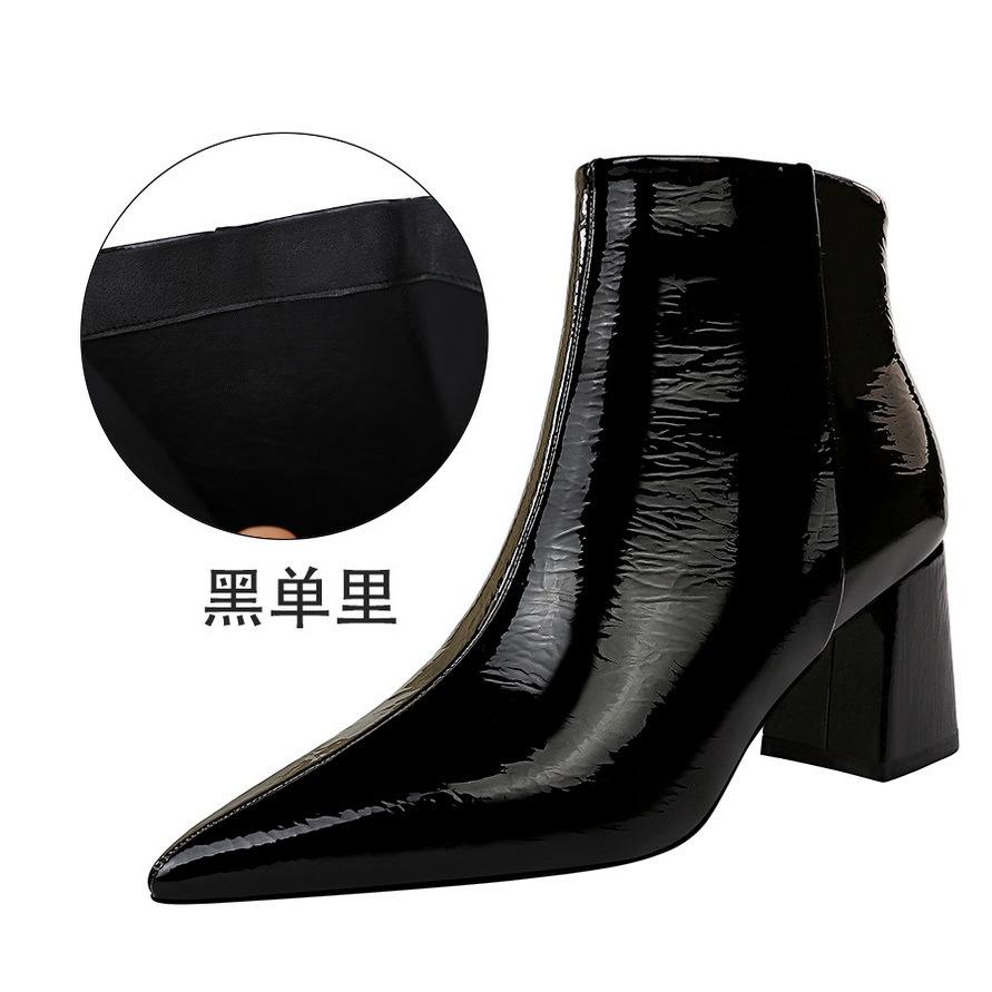 Winter Fashion Simple Thick Heel Pointed Glossy Patent Leather Sexy Thin High Heel Short Boots